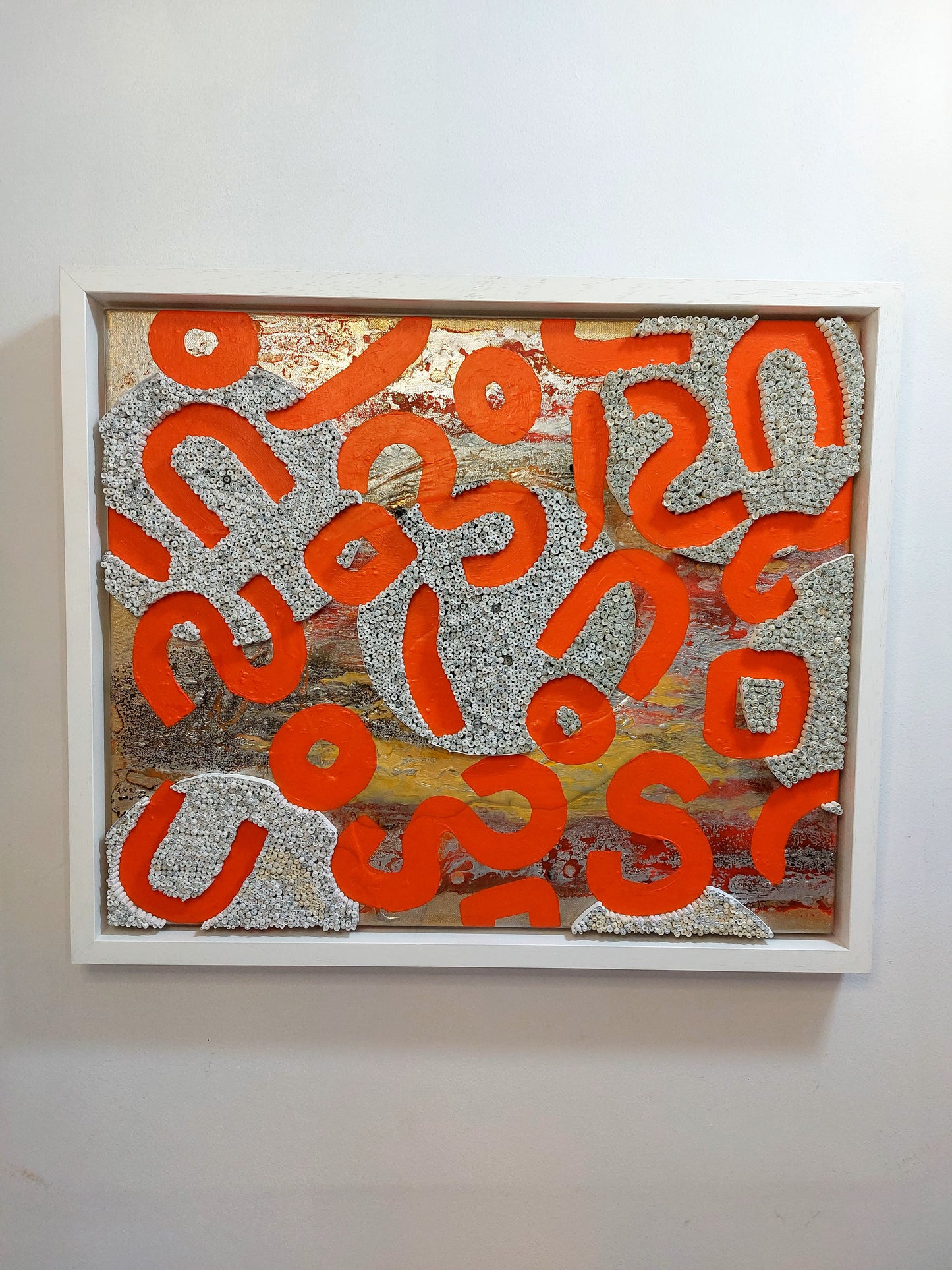 "Orange Discourse" -66.5cm(L)x56.0cm(H) Framed Wall Hanging with Acrylic Pour, Spray paint and Quilling