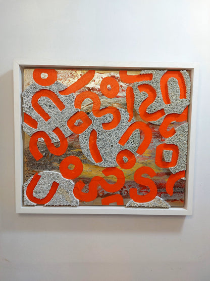 "Orange Discourse" -66.5cm(L)x56.0cm(H) Framed Wall Hanging with Acrylic Pour, Spray paint and Quilling