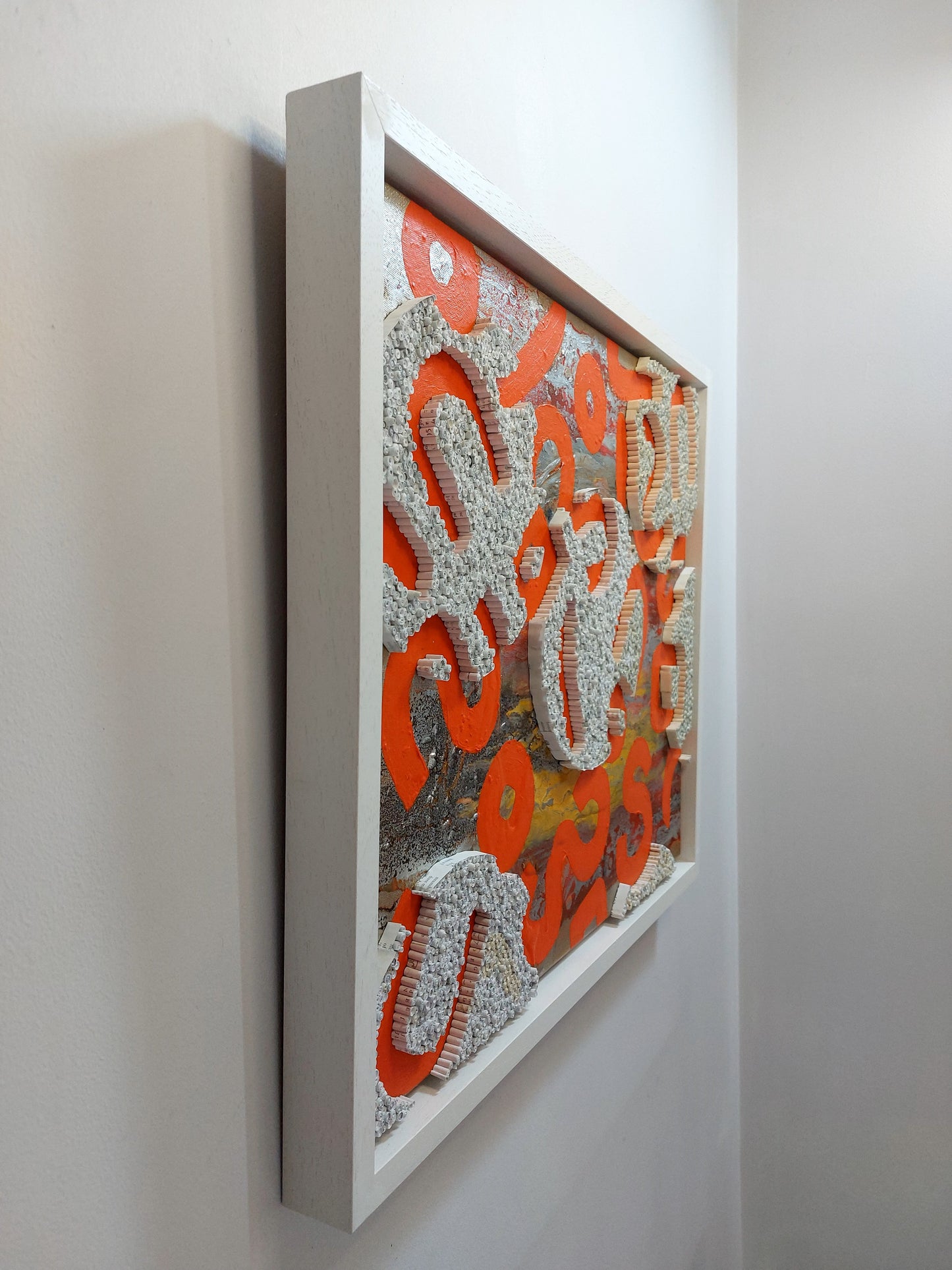 "Orange Discourse" -66.5cm(L)x56.0cm(H) Framed Wall Hanging with Acrylic Pour, Spray paint and Quilling