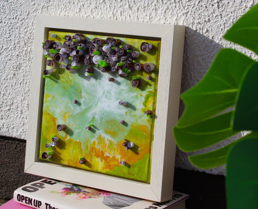 "Cloud Burst" -20.32cm(L) x 20.32cm(H) Framed Wall Hanging with Green Hues and Quilling.