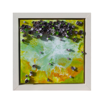 "Cloud Burst" -20.32cm(L) x 20.32cm(H) Framed Wall Hanging with Green Hues and Quilling.