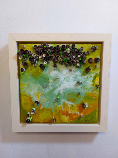 "Cloud Burst" -20.32cm(L) x 20.32cm(H) Framed Wall Hanging with Green Hues and Quilling.