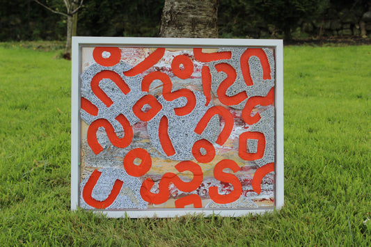 "Orange Discourse" -66.5cm(L)x56.0cm(H) Framed Wall Hanging with Acrylic Pour, Spray paint and Quilling