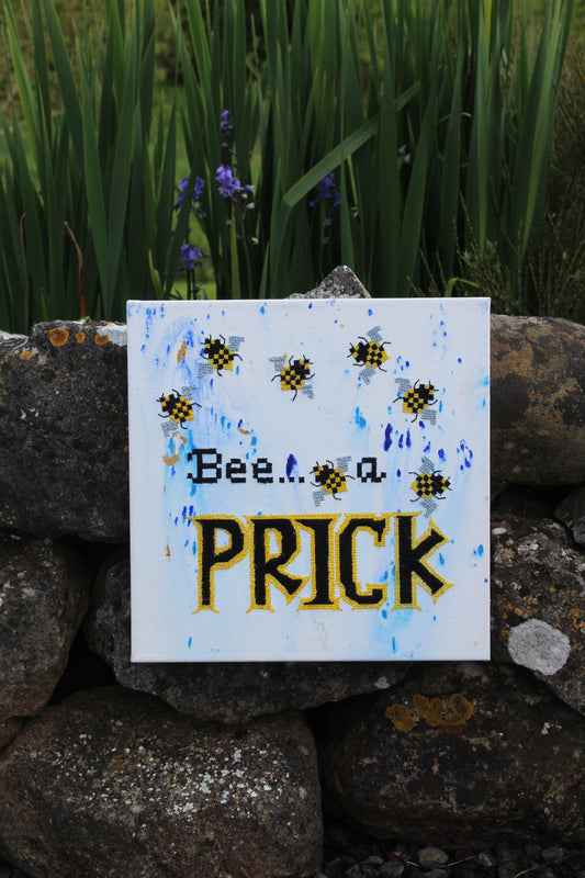 "Bee A Prick" -30.48cm(L)x30.48cm(H) Unframed Wall Hanging Irreverent and Quirky Hand Sewed on Canvas