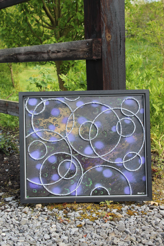 "Spectra" -66.5cm(L)x56.0cm(H) Framed Wall Hanging with Acrylic Pour, Spray paint and Quilling. Galaxy Inspo