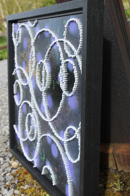 "Spectra" -66.5cm(L)x56.0cm(H) Framed Wall Hanging with Acrylic Pour, Spray paint and Quilling. Galaxy Inspo